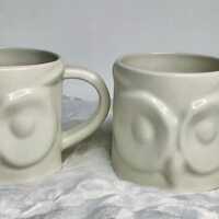 Pottery Barn Owl Mugs - 16 oz. - 3D Owl Image - Two Stoneware Mugs (2) Total