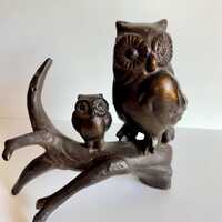 Vintage Bronze Metal Owls on Branch Sculpture | Large & Heavy | 8.5x8x3 |