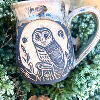 Hand Carved Owl Mug, Owl Pottery, Whimsical Coffee Mug, Folkware, Owl Cup