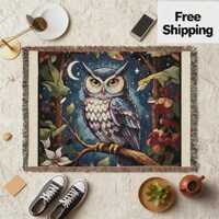 Decorative Owl Tapestry Wall Hanging Textile Art Blanket Throw Cotton Woven Design Night Mosaic Patt