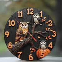 Rustic Wall Clock Decor With Owls and Autumn Leaves - Fall Farmhouse Pumpkin Wall Clock - Country St