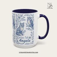 Customer Toile Fox Owl Mug | Two-Tone Blue Accent Coffee Mug 15oz
