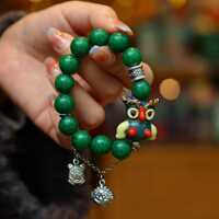 Nepal Old Glass Bead Bracelet &bull; Owl Protection Charm &bull; Silver Dangle Amulet &bull; One-of-