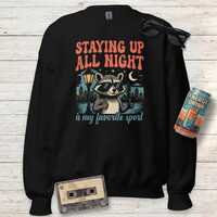 Funny Night Owl Sweatshirt, Retro Raccoon Crewneck, Staying Up All Night Shirt, Insomnia Gift for St