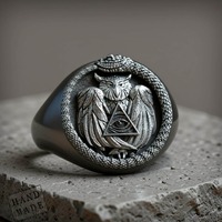 Ouroboros Owl Ring - Mystical Design in Oxidized Silver