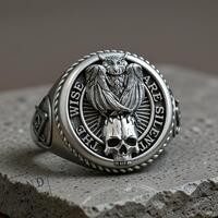 Owl Skull Silver Ring, Masonic Compass (Handmade Signet)