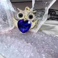 Santa Muerte Owl Necklace &ndash; Gold-Tone with Deep Sapphire Blue Heart CZ | Protection &bull; Wis