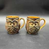 Vintage Owl Mugs Holt Howard Retro Brown 1970s Figural Stoneware Coffee Cups