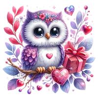 Purple Valentine Owl Clipart | Cute Bird JPEG Bundle | Kawaii with Hearts & Flowers | Pastel Sti
