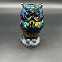 Vintage Mosser Iridescent Carnival Glass Owl Paperweight Figurine - 4" Tall