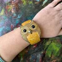 Enamel & Brass Owl Cuff Bracelet Vintage