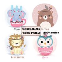 Boho owls fabric panels, Elephant fabric quilt panels, Cute lion fabric panels for quilting