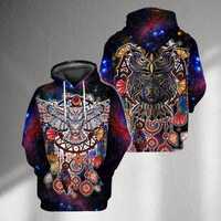 Cosmic Owl Dreamcatcher Hoodie, Galaxy Feathers All Over Print Pullover, Psychedelic Boho Spirit Ani