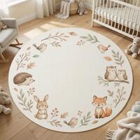 Woodland Animals Round Nursery Rug with Fox Owl Bunny Hedgehog