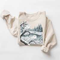 Retro Snowy Owl Winter Scene Png - Vintage Owl Perched On Tree Outfit - Birds Of Prey - Boho Png