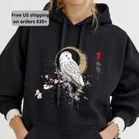 Snow Owl Japanese Sakura Hoodie, Winter Nature Art Gift