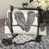 Clutch Purse/Bag, Tawny Frogmouth Owls on Light Grey Cotton Fabric ,Gunmetal Frame ,New Style Update