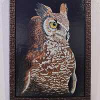Unique Hand-Painted Eagle-Owl Portrait , Black background,  Original Acrylic Pointillism Wall Art, 2