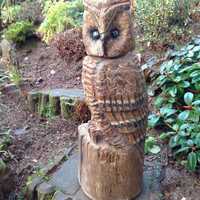 Large owl chainsaw carving outdoor garden feature