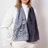 Owl Hand Painted Grey Silk Scarf Bird Print Winter Christmas Gift 52X14