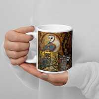 Medieval Owls Mug, Illuminated Manuscript Art, Barn Owl & Horned Owl, Gothic Nature
