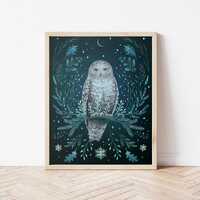 Gicl&eacute;e Print Poster, Snowy Owl Illustration | Moonlit Winter Botanical Scene, magical night, 