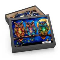 Stained Glass Owl Trio Jigsaw Puzzle 120-500 Pieces of Vibrant Nighttime Nature Art