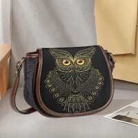 Saddle Bag with Golden Owl Design: Day to Night Crossbody (PU Leather)