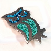 Vintage Mexican Alpaca Owl Brooch: Turquoise Stone Bird Lapel Pin