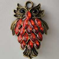 Antiqued Bronze Owl w/ Red Rhinestones & Black Rhinestone Eyes Brooch/Pendant #2512