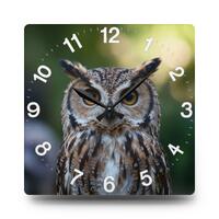 Owl Wall Clock, Great Horned Owl Acrylic Clock, Rustic Woodland Cabin Decor, Wildlife Home Gift