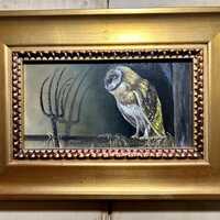 Original Vintage Oil Painting / BARN OWL PITCHFORK / Wildlife Wall Decor Rustic Interiors Bird Lover