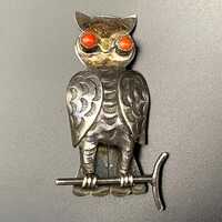 Vintage Navajo Native Owl Coral Hand Stampwork Silver Brooch Pin