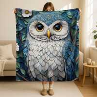 Blue Owl Velveteen Blanket, Sherpa Throw Art, Forest Night Bird Illustration, Soft Warm Bedding, Woo