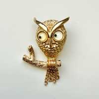 Vintage Avon Owl Brooch Googly Eyes With Branch Tassel Gold Tone