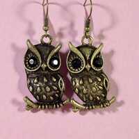 Vintage Gold Tone Owl Charm Earrings, Crystal Eye Owl Dangle Jewelry, Bird Lover Gift, Hook Drop Ea