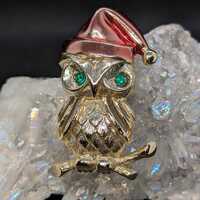 Vintage Tangiers Christmas Owl Brooch Pin | Gold Tone Metal, Green Rhinestone Eyes, Santa Hat | Fest