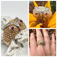 Vintage 14K Yellow Gold Owl Ring - Diamonds and Rubies, Intricate Gold Statement Ring 1970&rsquo;s 9
