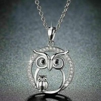 Cute Owl Mother and Baby Pendant Necklace, Onyx & White Round Cut Moissanite Diamond Owl Hollow