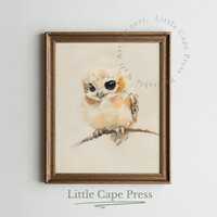 Printable Baby Owl in Woodland Scene - Neutral Nursery Wall Art, Cozy Gouache Painting, Cute Animal
