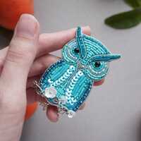 Turquoise Owl Bird Beaded Brooch, Handmade Embroidery Lapel Pin, Crystal Owl Jewelry Gift