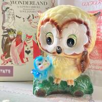 Cute Japanese vintage kitsch kitschy Hoot Owl with Blue Bird Big Sweet Eyed vase planter ceramic, ma