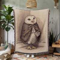 Victorian Owl Scholar Woven Blanket, Vintage Academic Bird Art, Whimsical Cozy Reading Room Decor