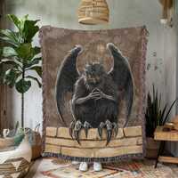 Dark Cryptid Woven Blanket, Gothic Owl Creature Throw, Night Fantasy Horror Art Tapestry Decor