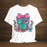 Cute Colorful Owl T-Shirt - Kawaii Winking Owl Graphic Tee - Pink Bow Cartoon Shirt - Fun Animal Gif