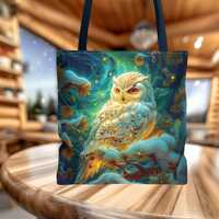 Snowy Owl Tote Bag, Winter Forest Night Tote, White Owl Everyday Bag, Mystical Wildlife Shopping Bag