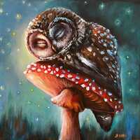 MADE-TO-ORDER Original canvas painting Sleeping Owl, Owl wall decor, Mushroom painting, Woodland ani