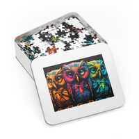Colorful Neon Owls Jigsaw Puzzle with Tin | 3 Owls Artwork Puzzle 30/110/252/500/1000/2000 pcs