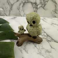 Vintage Mid Century Made in Japan Owl Figurine Green Brown Small Ceramic Birds