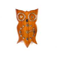 Vintage 70s Wood OWL CLOCK lacquered wall hanging kitsch retro home decor mid century modern boho ha